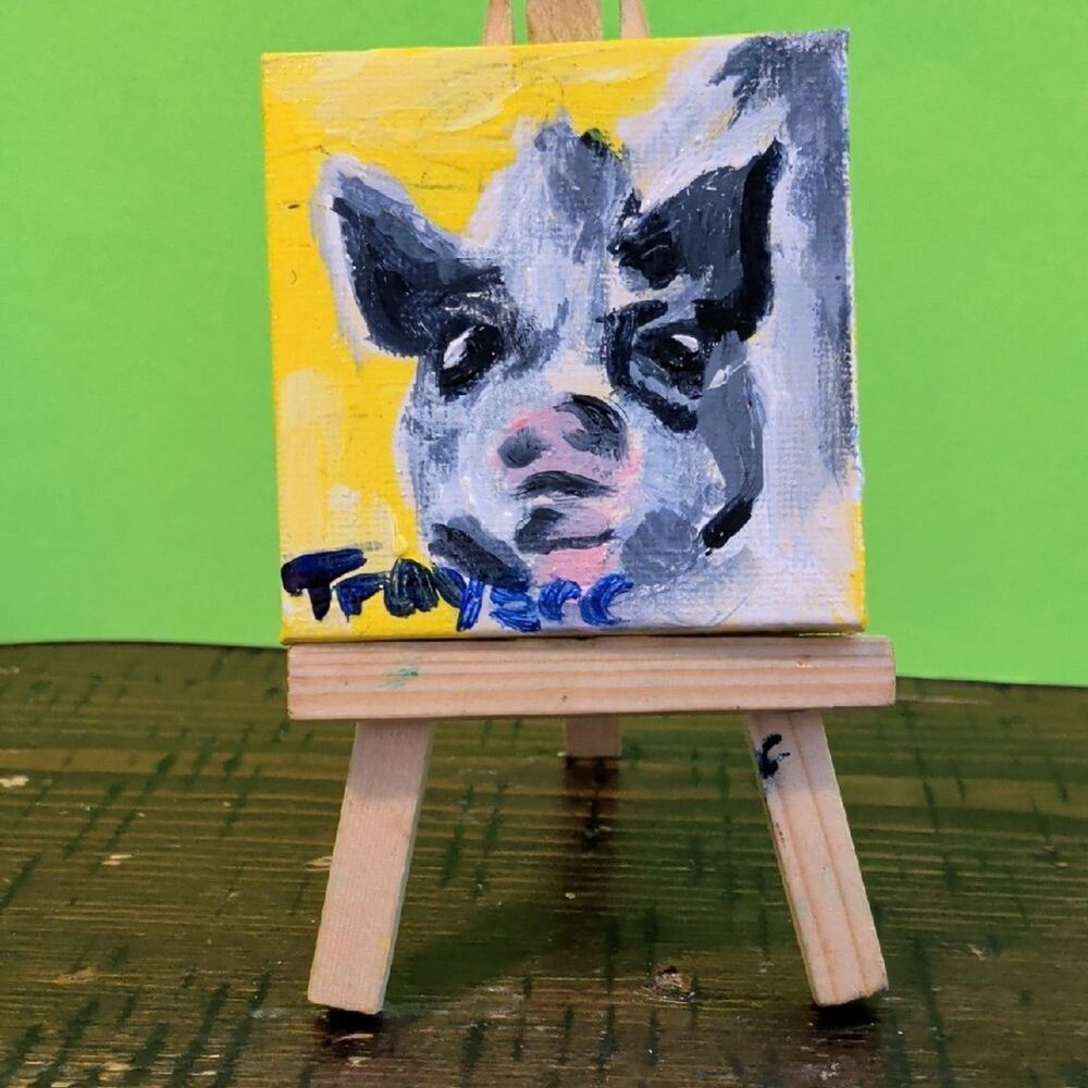 Original 2x2 Inch Acrylic Painting Of A Pig On Canvas With Easel